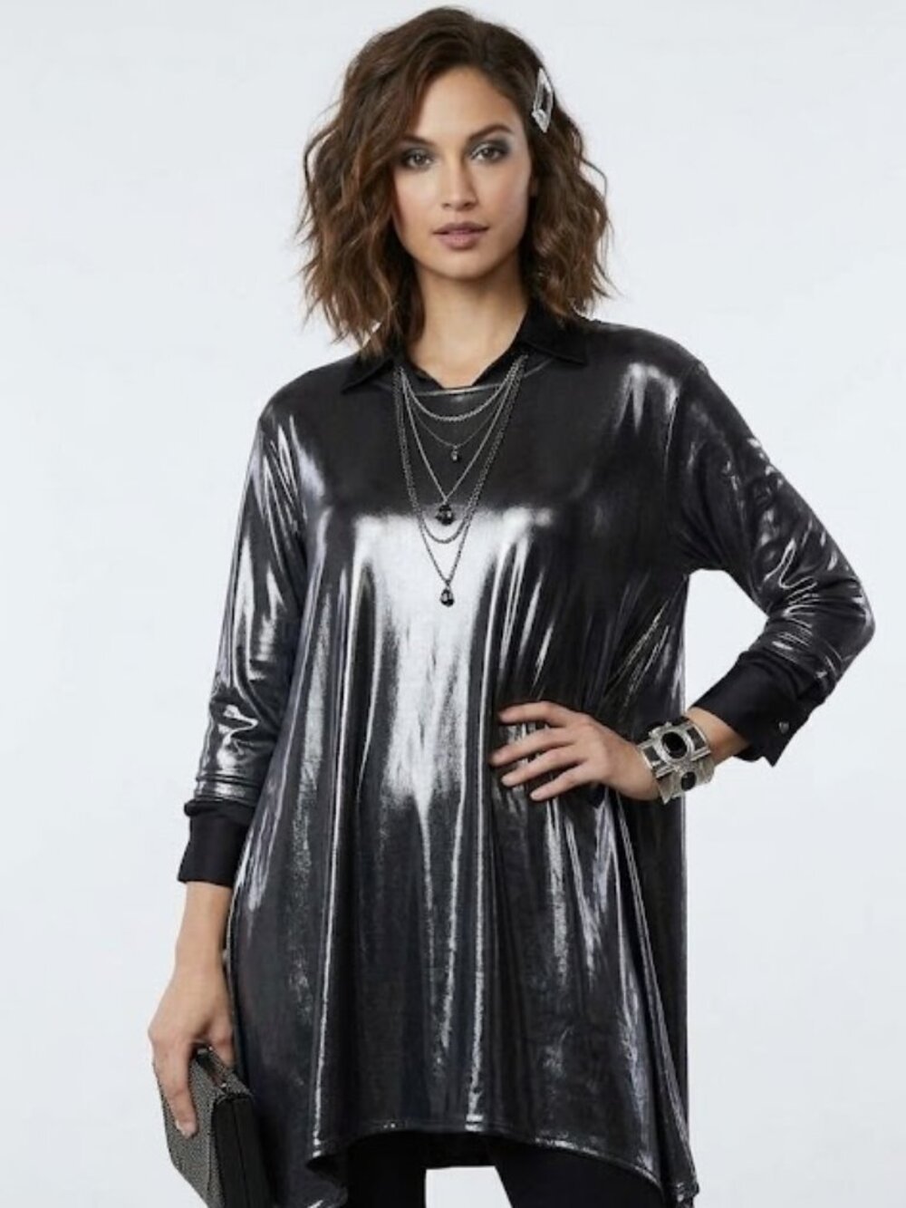 NWT Caroline Rose Black Metallic Liquid Shimmer Long Sleeve Tunic XL